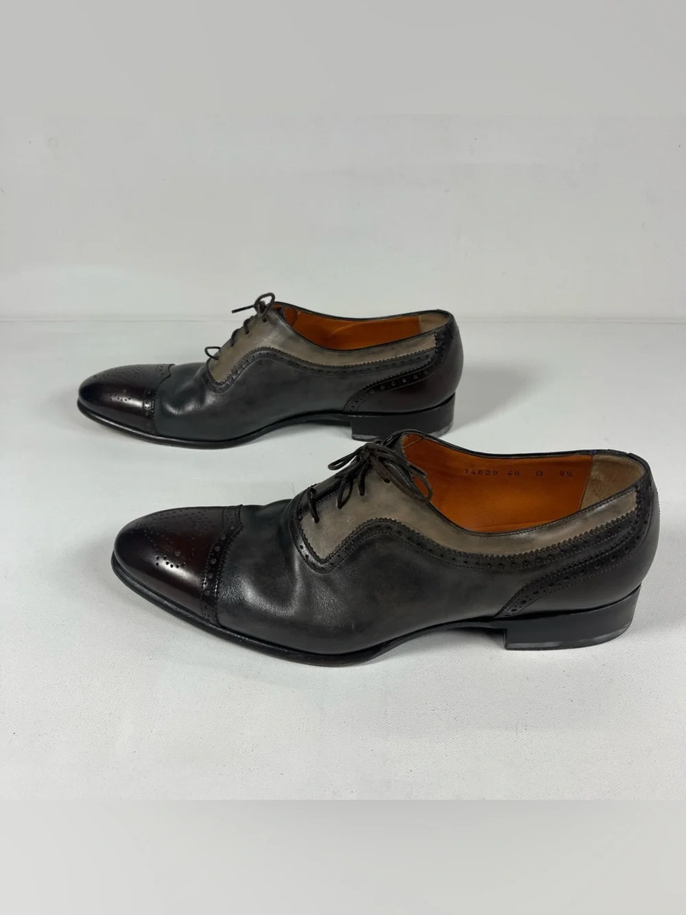 Santoni Leather Cap Toe Oxford Dress Shoes Multi Tone Made in Italy Size 9.5